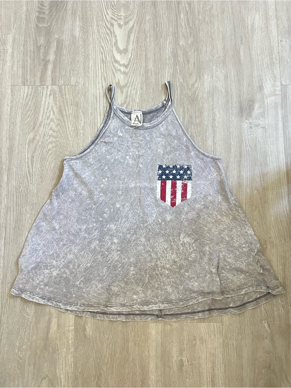 American Rag Tank Top Women XS Gray Tie Dye American Flag Flowy Patriotic Summer